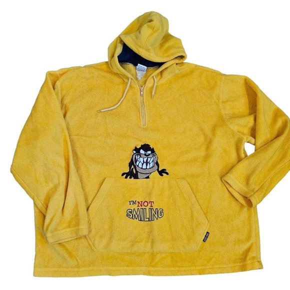 90s Looney Tunes Taz Graphic Hoodie Fleece Hooded Sweatshirt Quarter Zip 2X - Picture 2 of 9